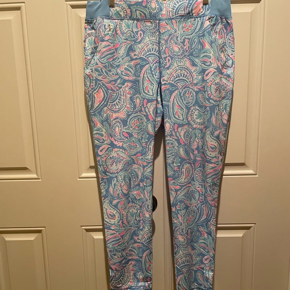 Lilly Pulitzer UPF 50+ Run Around Luxletic Pant, Size XL Zanzibar Blue Fish Kiss
